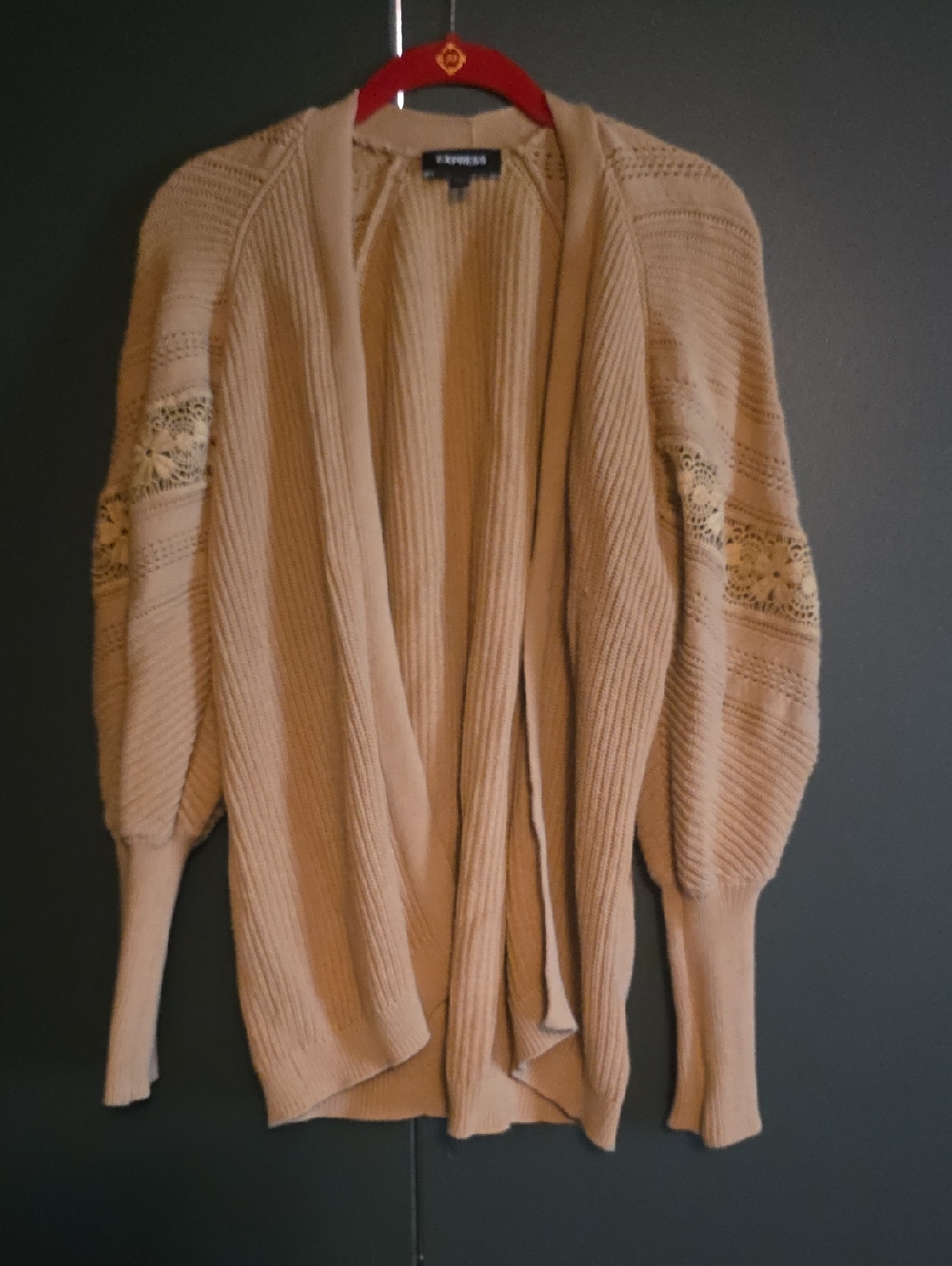 Express Beige Open-Front Knit Cardigan with Lace Sleeve Detail